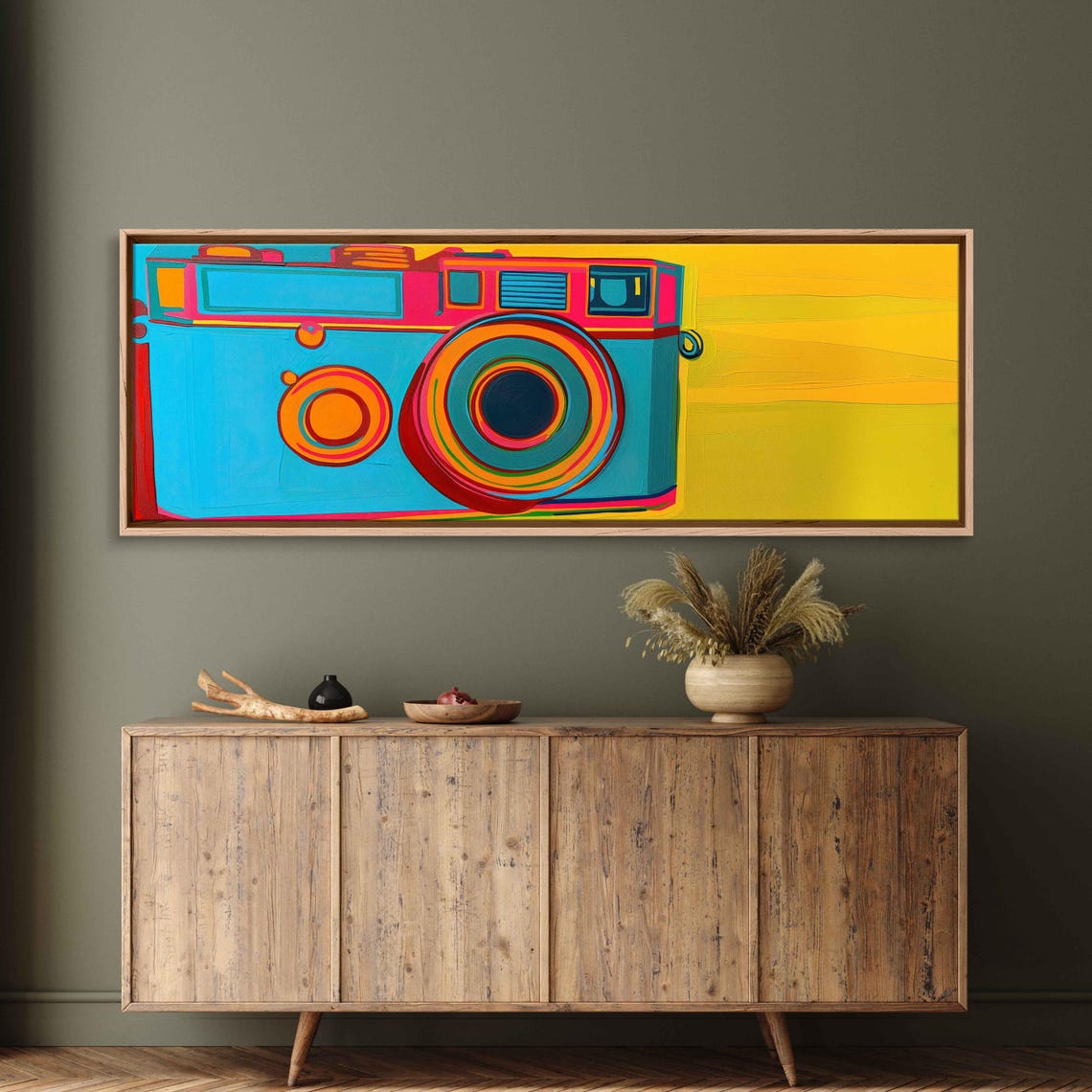Pop Art Turquoise Vintage Camera Yellow Background Panoramic Poster - Image 3