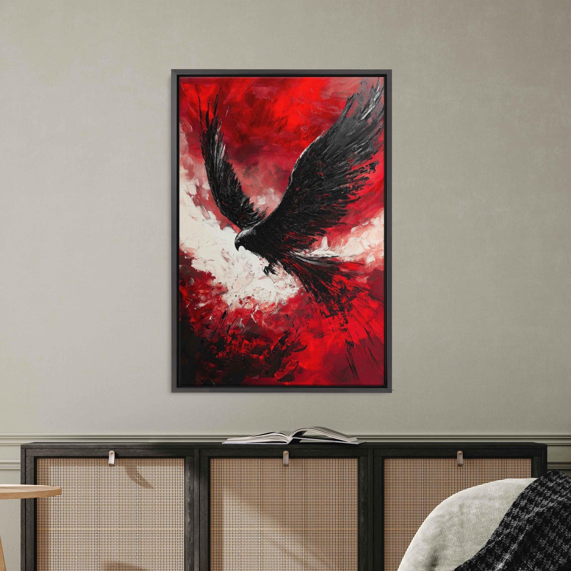 Majestic Angel In Mid Flight Wall Art Print Bold Acrylic Painting Stormy Sky Background - Image 3