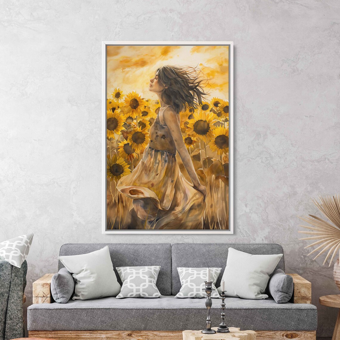 Woman Dancing In Sunflower Field Watercolor Wall Art Print Flowing Sundress Sunny Skies Flowing Hair Ready To Hang - Image 2