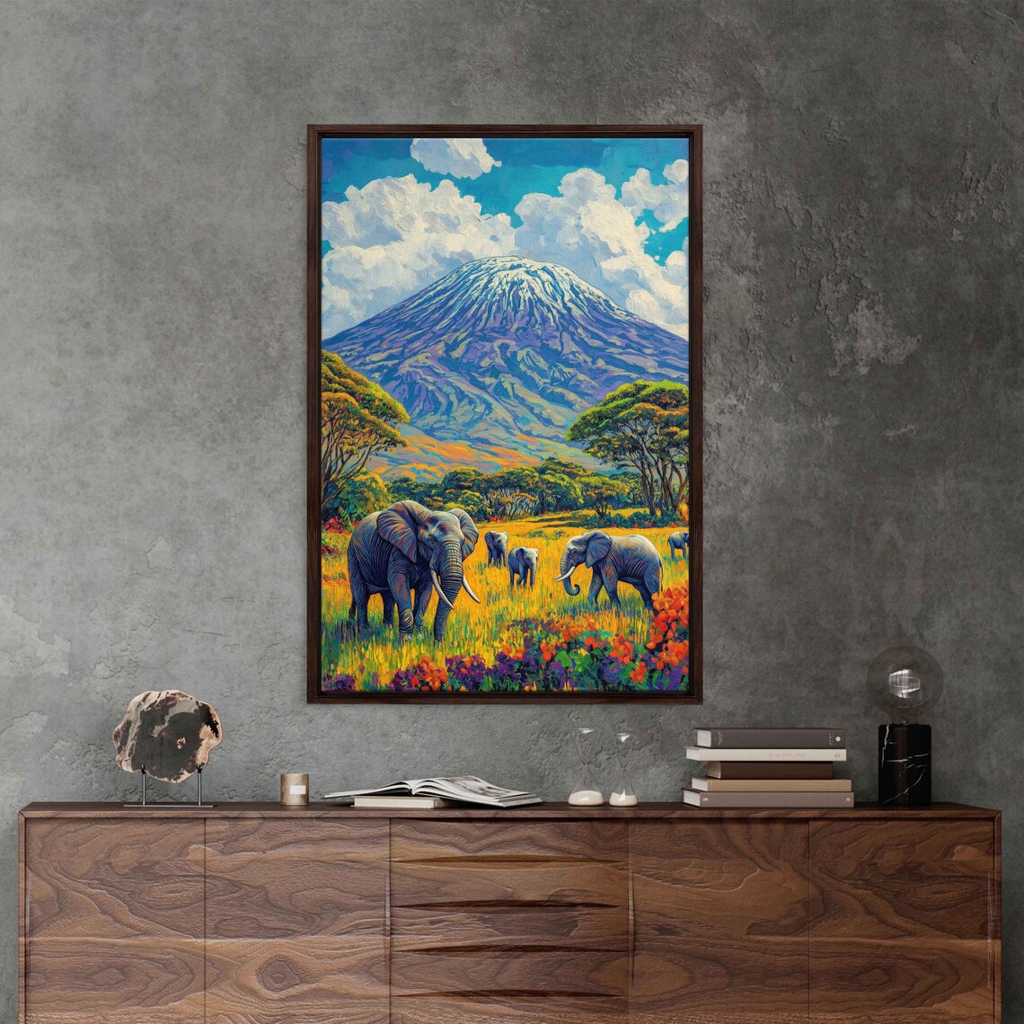 Kilimanjaro Elephants Safari Snow Capped Peak Colorful Savanna Acrylic Travel Poster - Image 3