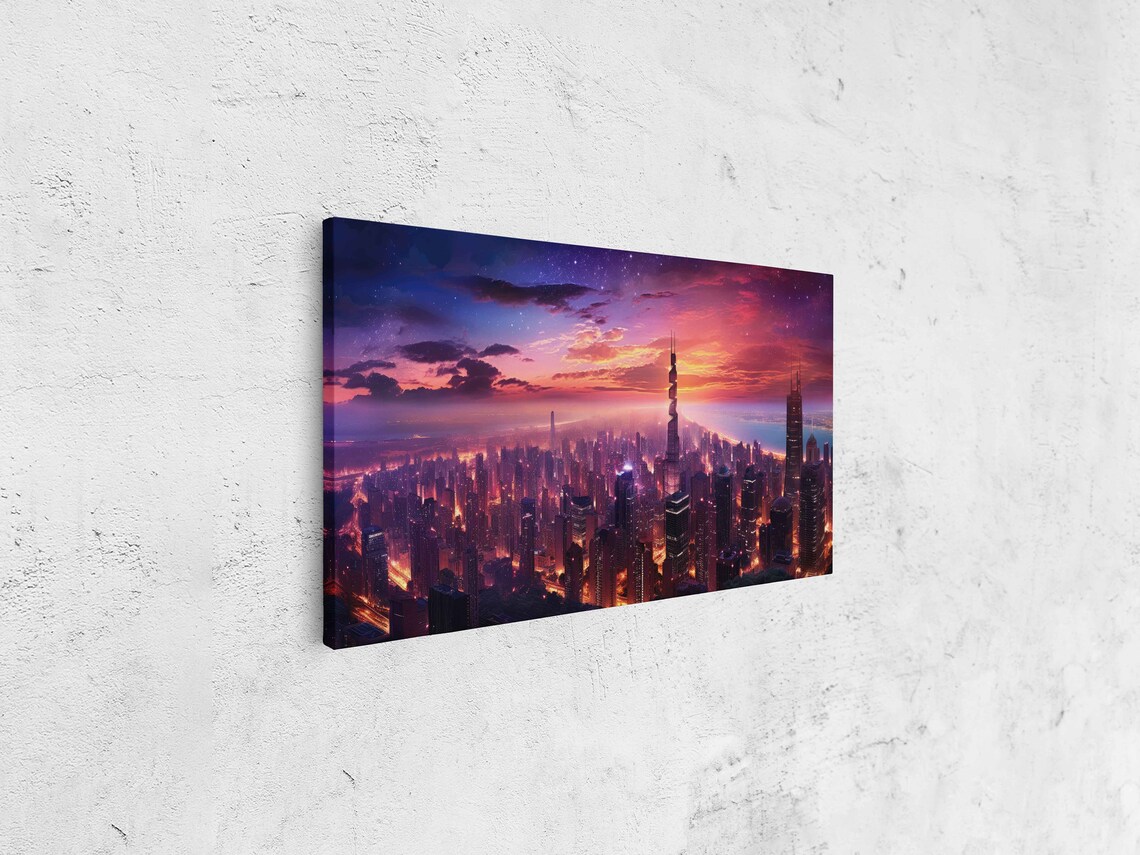 Neon City Skyline Aerial Dusk Purple Sky Futuristic Urban Poster - Image 4