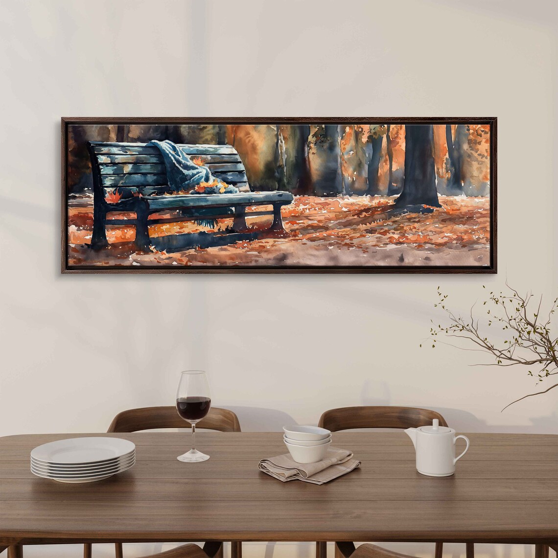 Cozy Park Bench With Blanket In Autumn Foliage Watercolor Art Poster