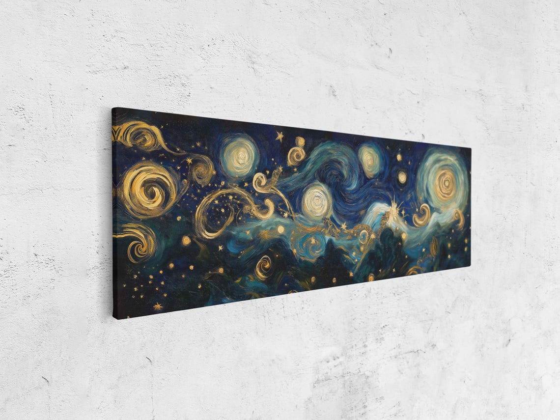 Mystical Night Sky Wall Art Print Swirling Stars Golden Spirals Celestial Figures - Image 4