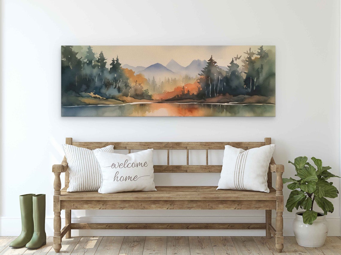 Misty Forest Lake Autumn Mountains Watercolor Panoramic Wall Poster - Image 3