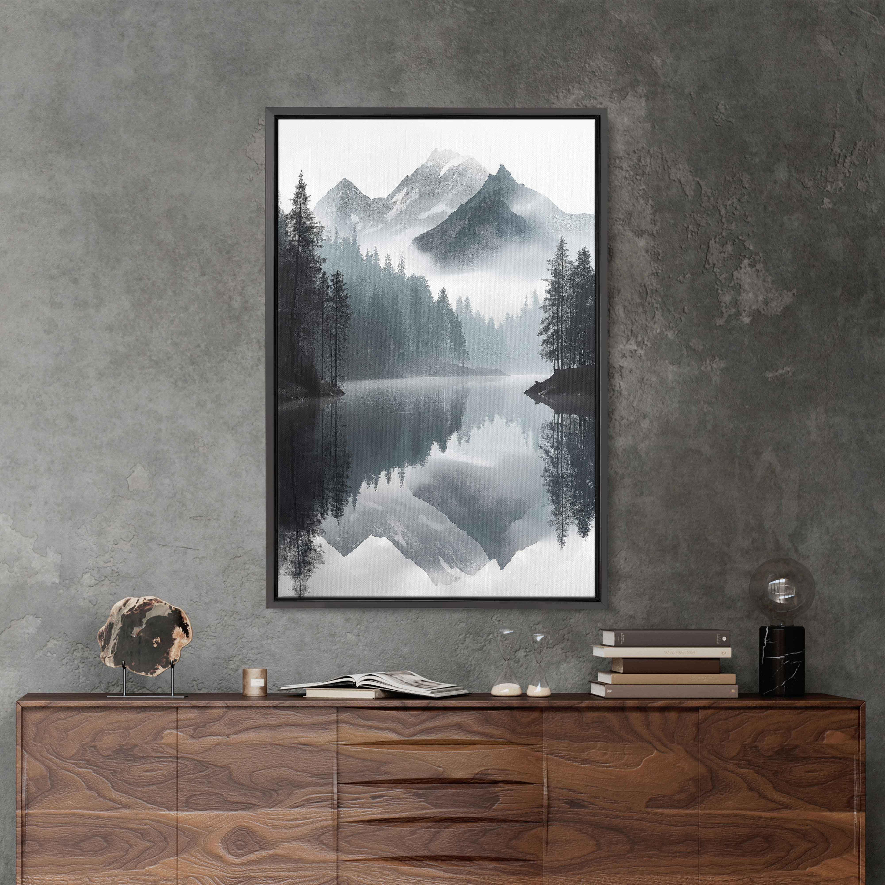 Serene Lake Flowing Through Mountainside Wall Art Print Monochromatic Art Lakeshore Forest Ready To Hang