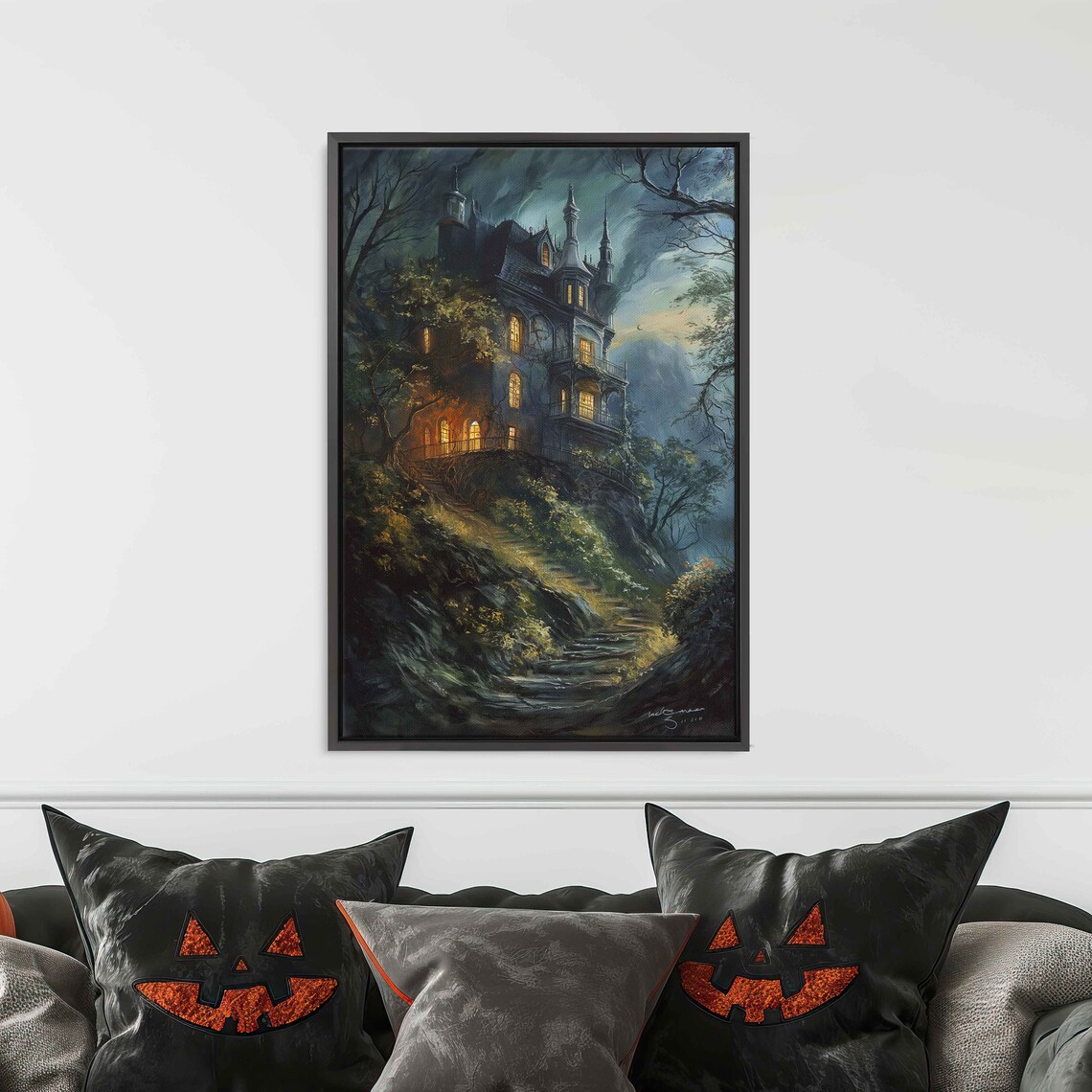 Eerie Victorian Mansion On Cliff With Glowing Windows In Foggy Night Wall Art - Image 3