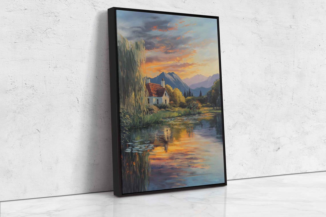 Lakeside Cottage At Sunset With Weeping Willow And Mountains Poster - Image 4