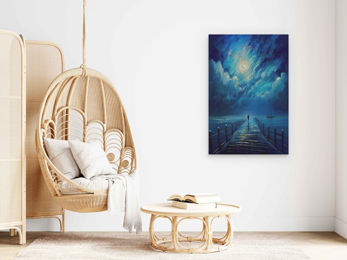 Moonlit Night Beach Pier With Lone Figure Clouds And Sailboat Art Poster - Image 3