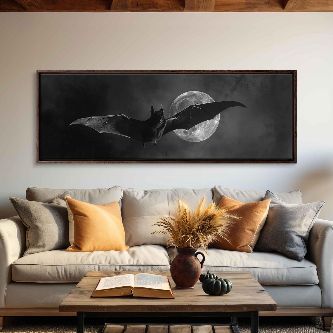Black Bat Flying Across Full Moon Night Sky Gothic Halloween Wall Poster - Image 3