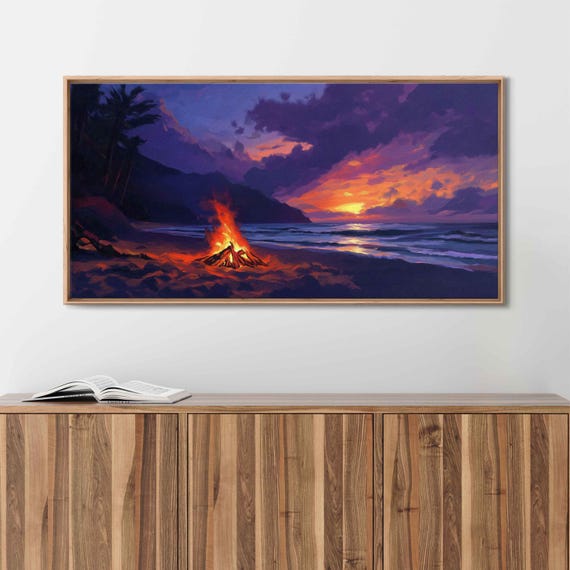 Beach Bonfire After Surfing Wall Art Print Glowing Orange And Purple Hues