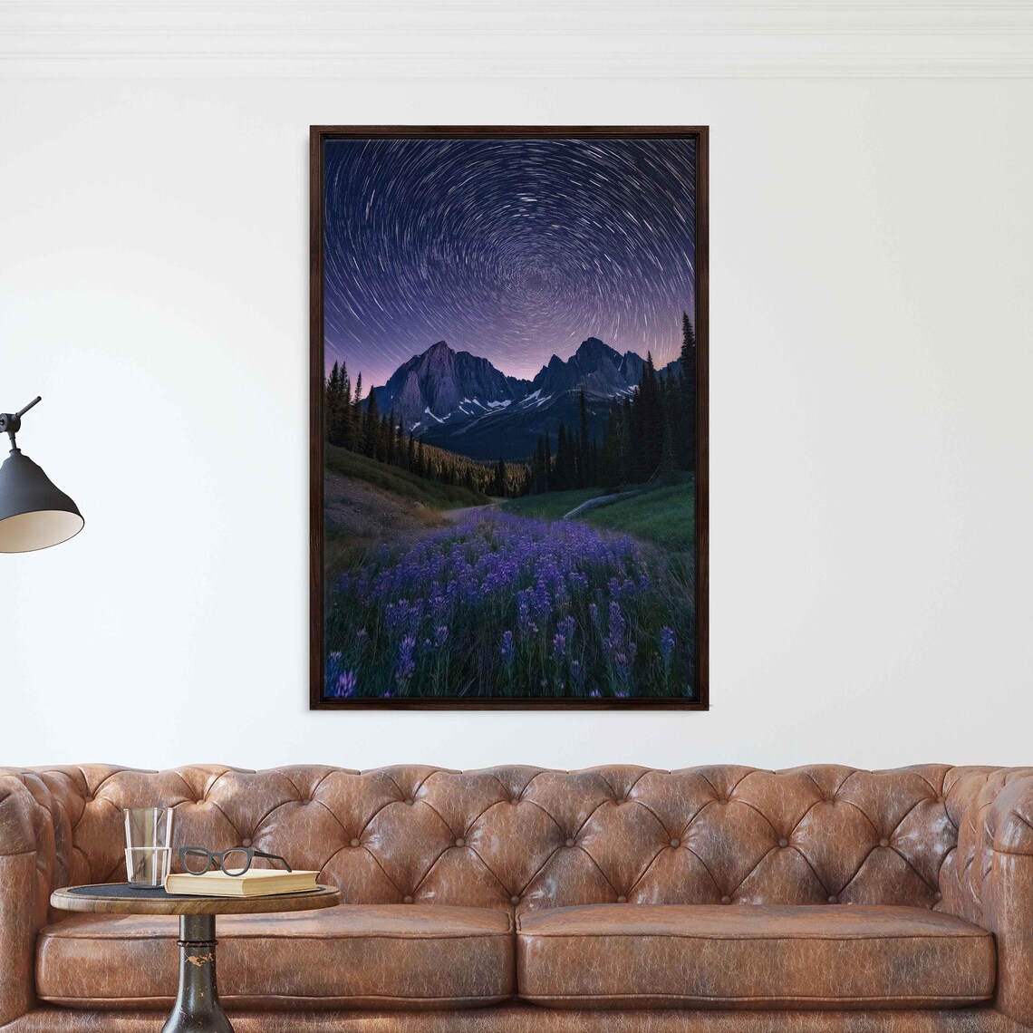 Star Trails Swirling Over Peaks Above Purple Wildflowers Poster