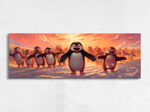 Cute Happy Arctic Penguins Panoramic Wall Art Framed Print Ready To Hang Living Room Decor Nursery Wall Art