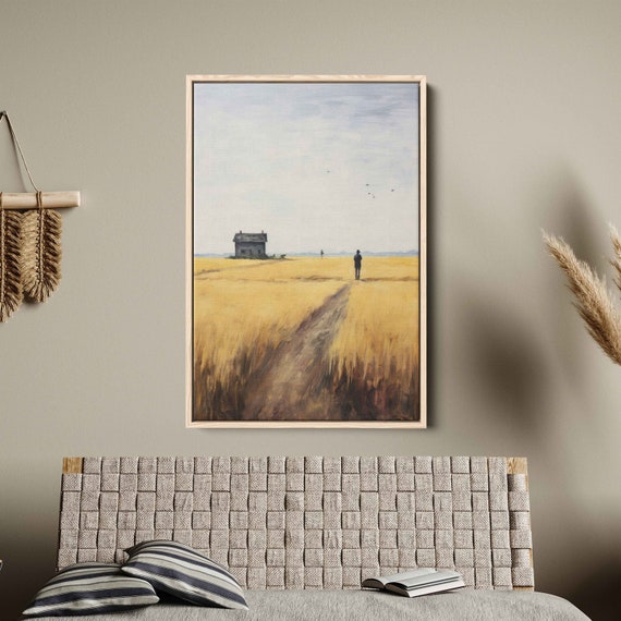 Home On A Wheat Field Rustic Wall Art Framed Print Impressionist Art Countryside Painting Reproduction Print