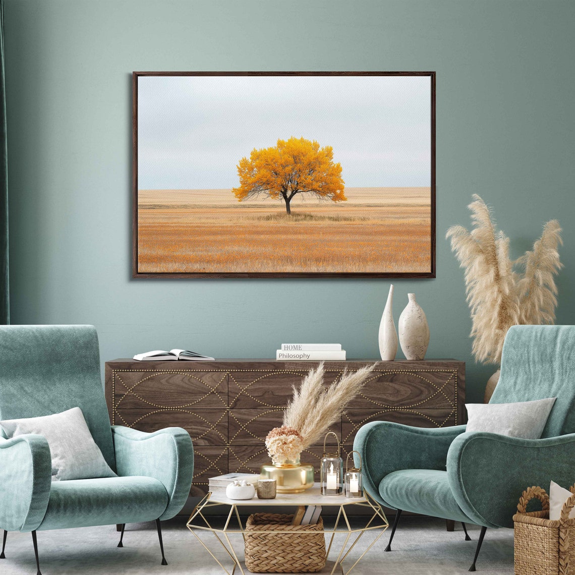 Lone Orange Tree In Open Prairie Under Pale Sky Minimalist Poster - Image 3
