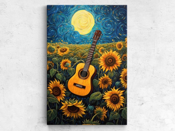 Classical Guitar Sunflower Field Van Gogh Inspired Palette Knife Painting Framed Print Ready To Hang