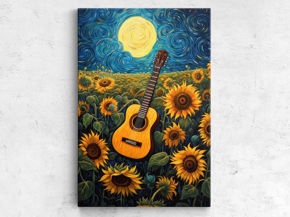 Classical Guitar in Sunflower Field Starry Night Music Art Poster