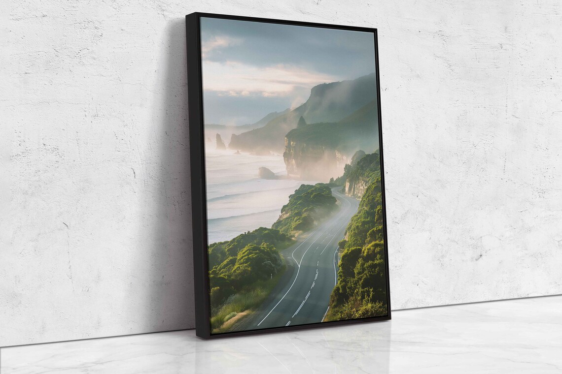Misty Seaside Road With Towering Cliffs and Ocean View at Sunrise Travel Poster - Image 4