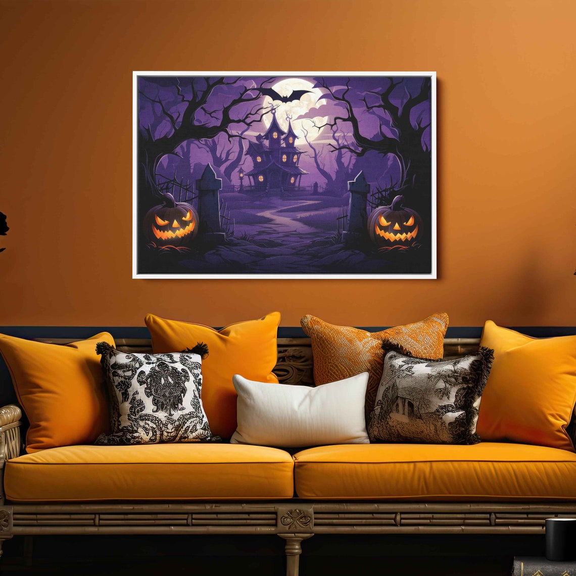 Spooky Haunted House With Jack O Lanterns Purple Night Sky Poster