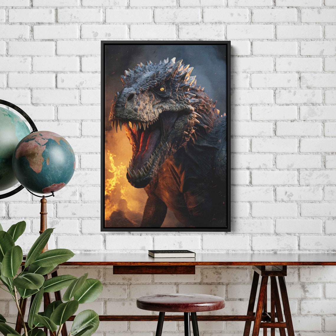Roaring T-Rex Dinosaur Flames Fiery Background Dramatic Fantasy Poster