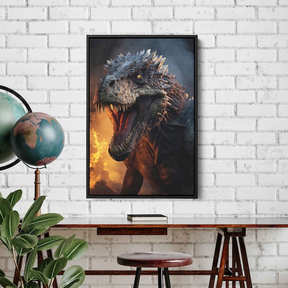 Trex In Flames Wall Art Print Flaming Dinosaur Gift For Dinosuar Lovers Ready To Hang