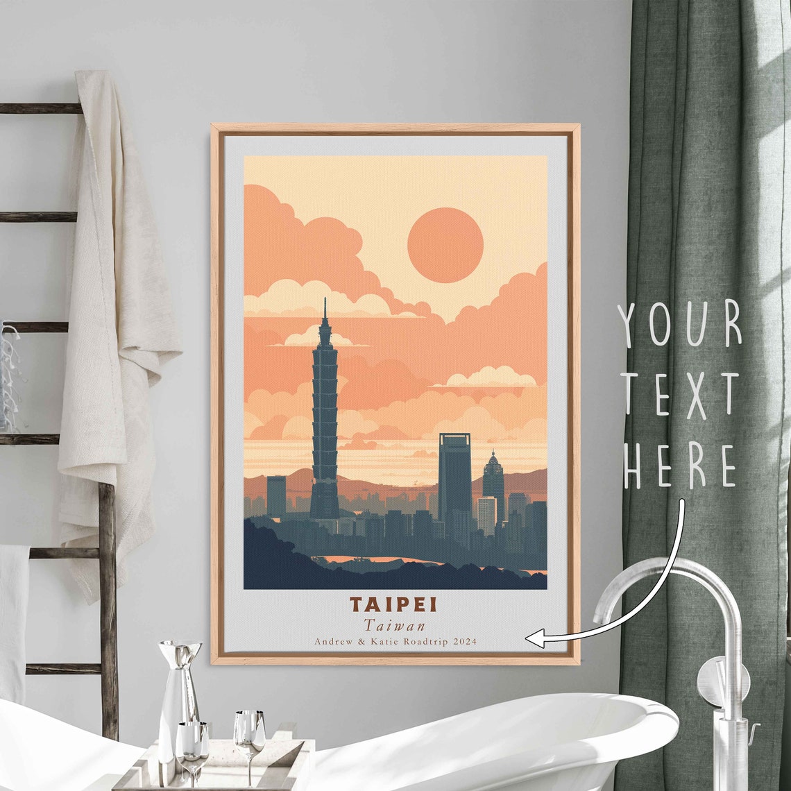 Taipei 101 Skyline Sunset Peach Sky Retro Taiwan Travel Poster - Image 3