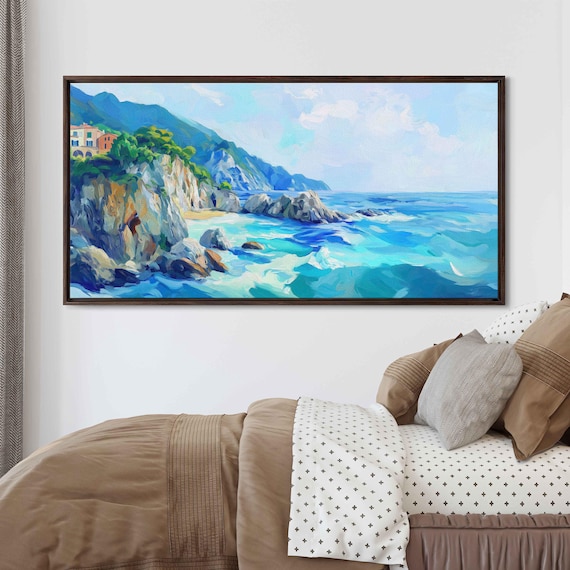 Abstract Italian Coast Wall Art Print Swirling Waves Rocky Cliffs Deep Blues And Greens