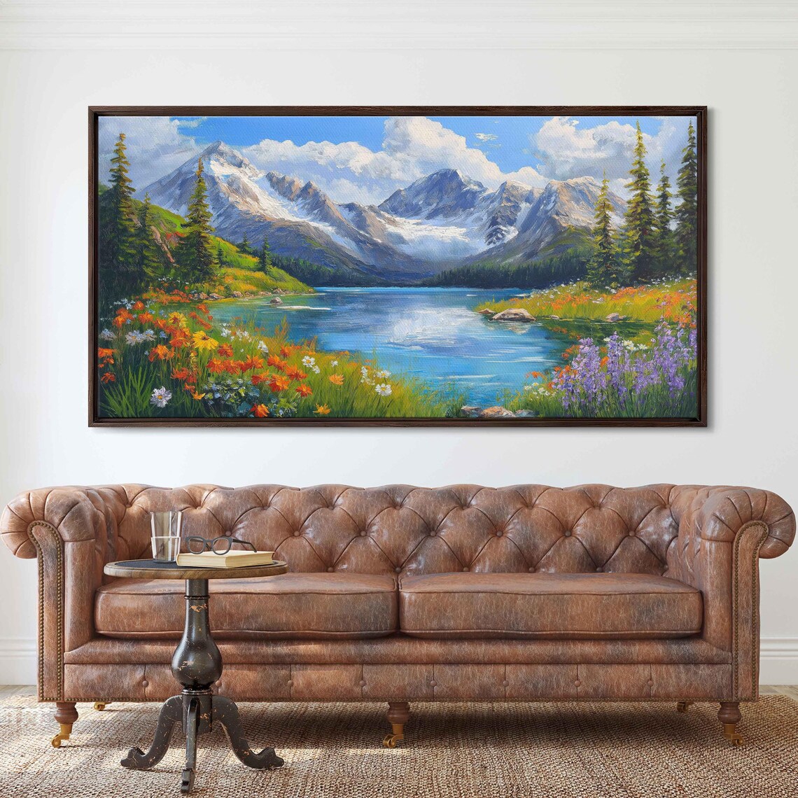Snowcapped Mountains Above Wildflower Lake with Pine Trees Landscape Poster - Image 3