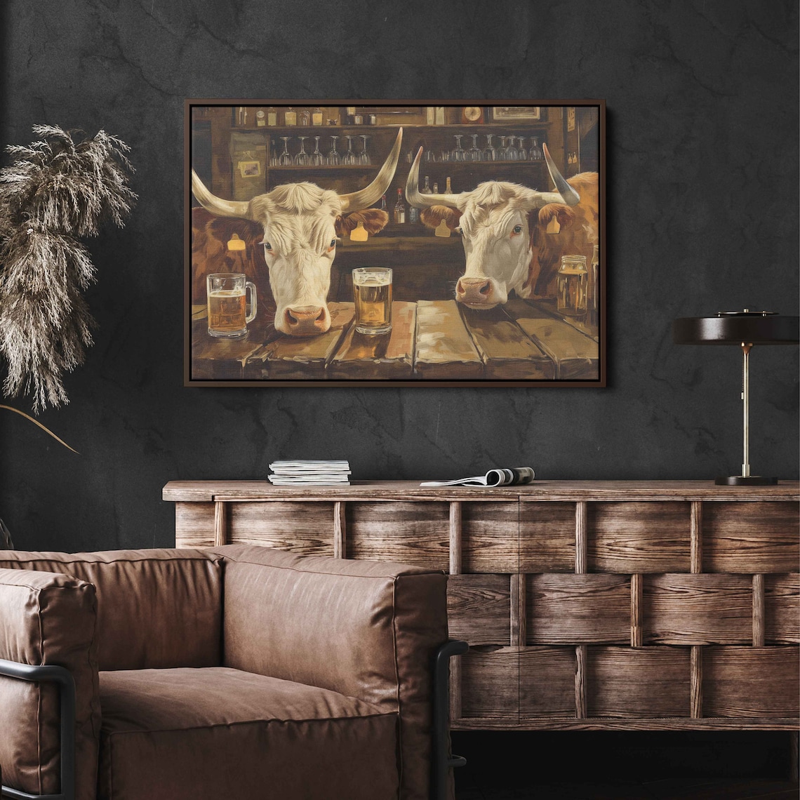 Longhorn Cows at Bar, Rustic Farmhouse Art Print
