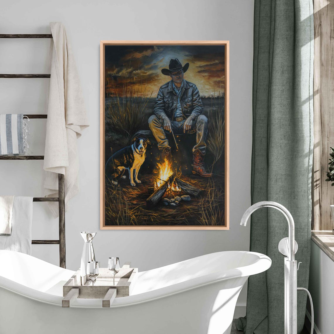 Cowboy And Dog Resting By Campfire Night Western Poster Print