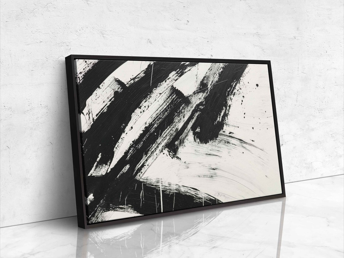 Black White Abstract Diagonal Brush Strokes Modern Monochrome Wall Art - Image 4