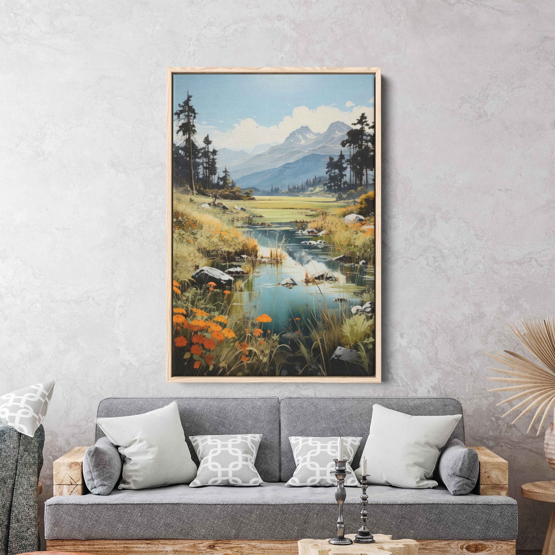 Watercolor Stream Wall Art Print Rural Life Old Wheat Fields Muntain Range Cloudy Skies Ready To Hang - Image 2