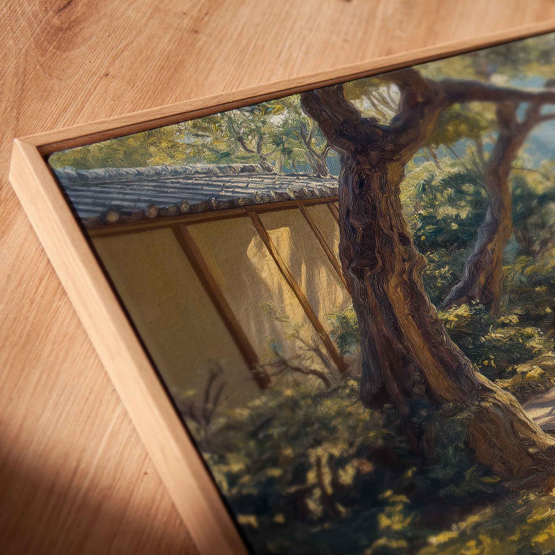 Japanese Zen Garden Wall Art Print Sunlit Scene With Koi Pond And Ancient Trees - Image 2