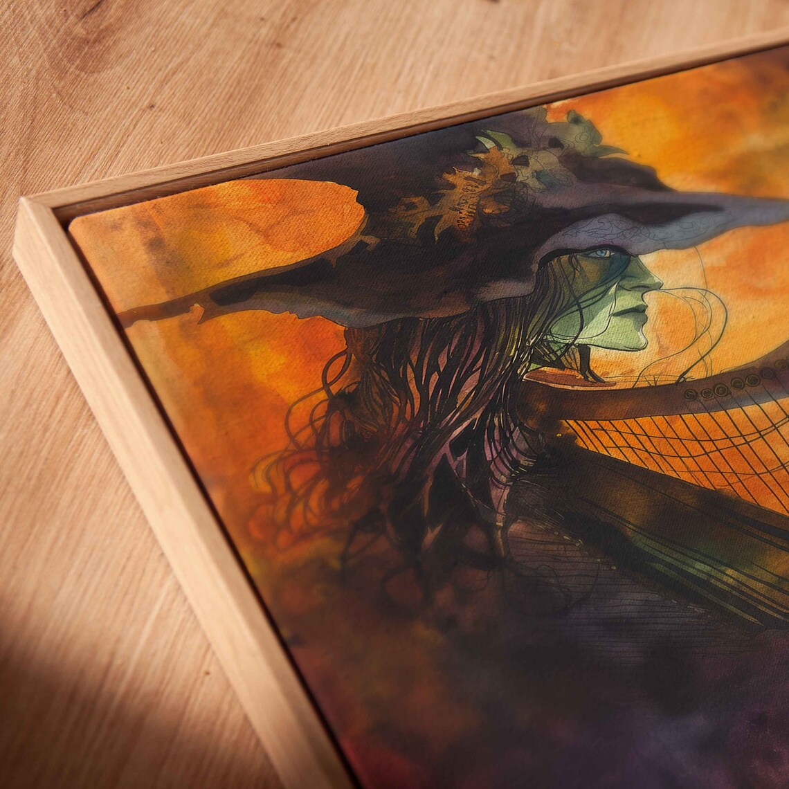 Witch Playing Harp With Black Cat Tambourine Spooky Halloween Art Print - Image 2