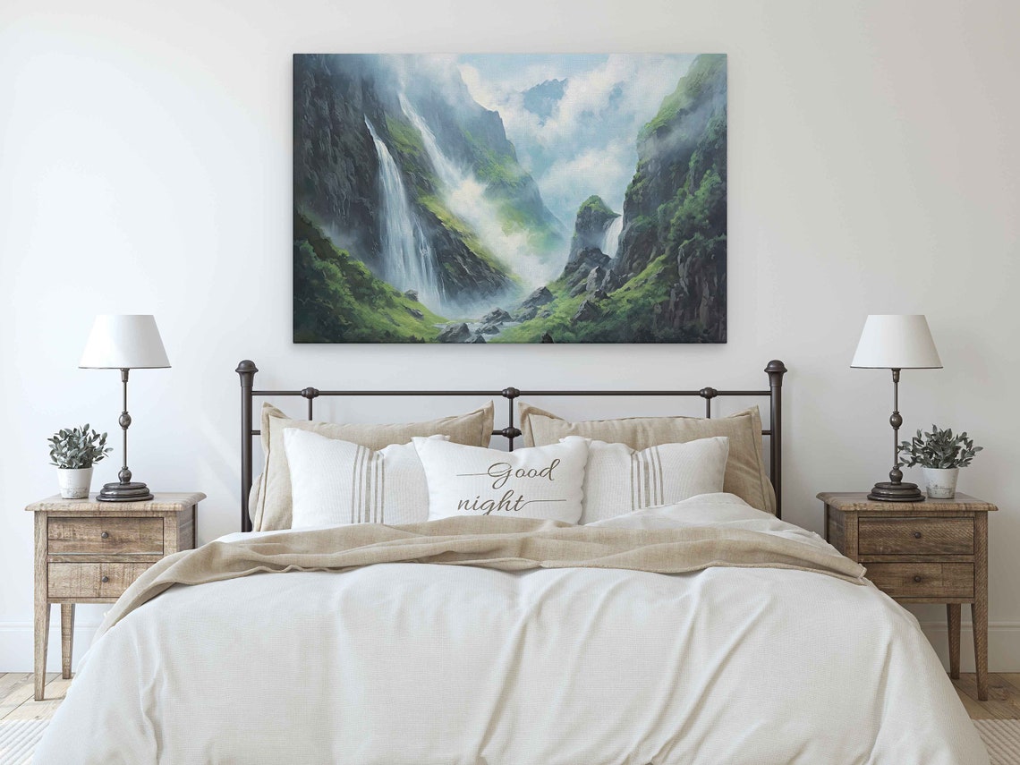 Misty Mountain Waterfalls Lush Green Gorge Scenic Nature Poster - Image 3
