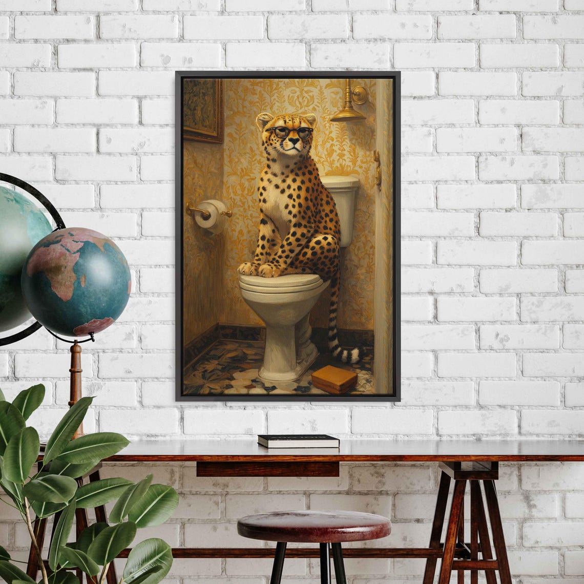 Whimsical Cheetah Wearing Glasses Sitting On Retro Toilet Poster