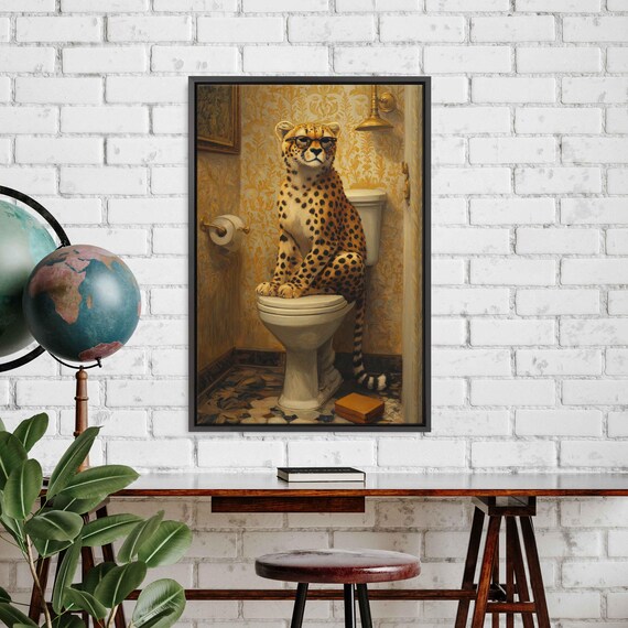 Whimsical Cheetah Wearing Glasses Sitting On Retro Toilet Poster