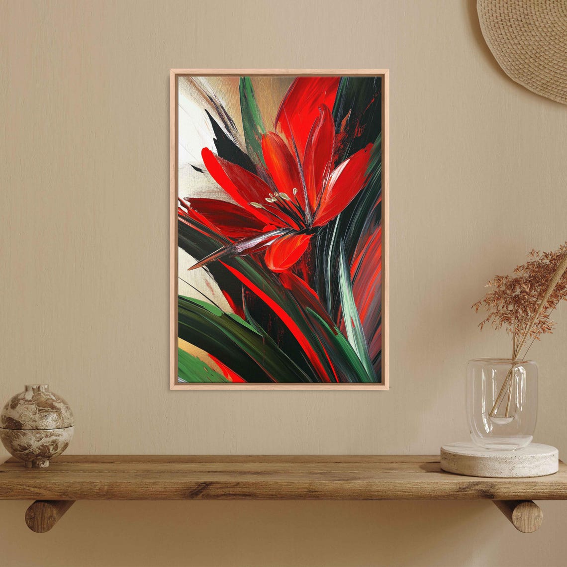 Bold Red Amaryllis Flower Abstract Brushstroke Floral Art Print - Image 3