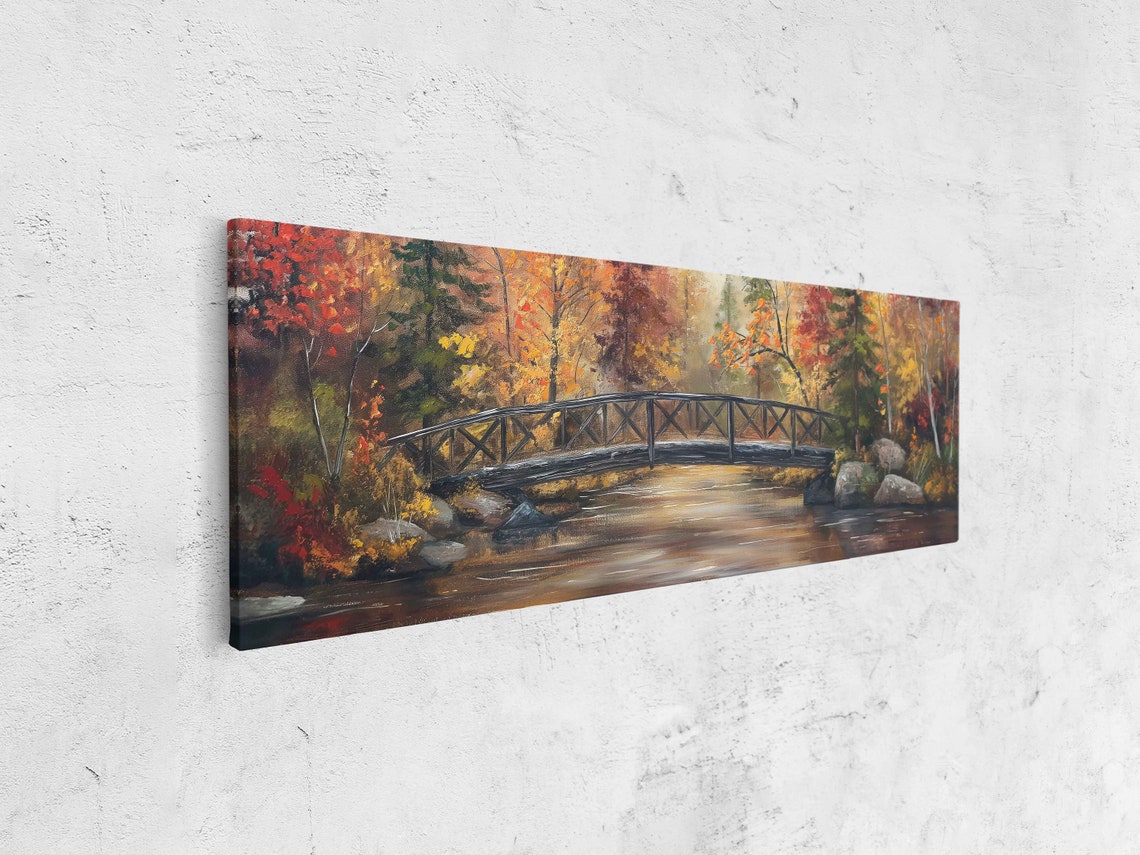 Autumn Forest River Wooden Bridge Golden Foliage Panoramic Poster - Image 4