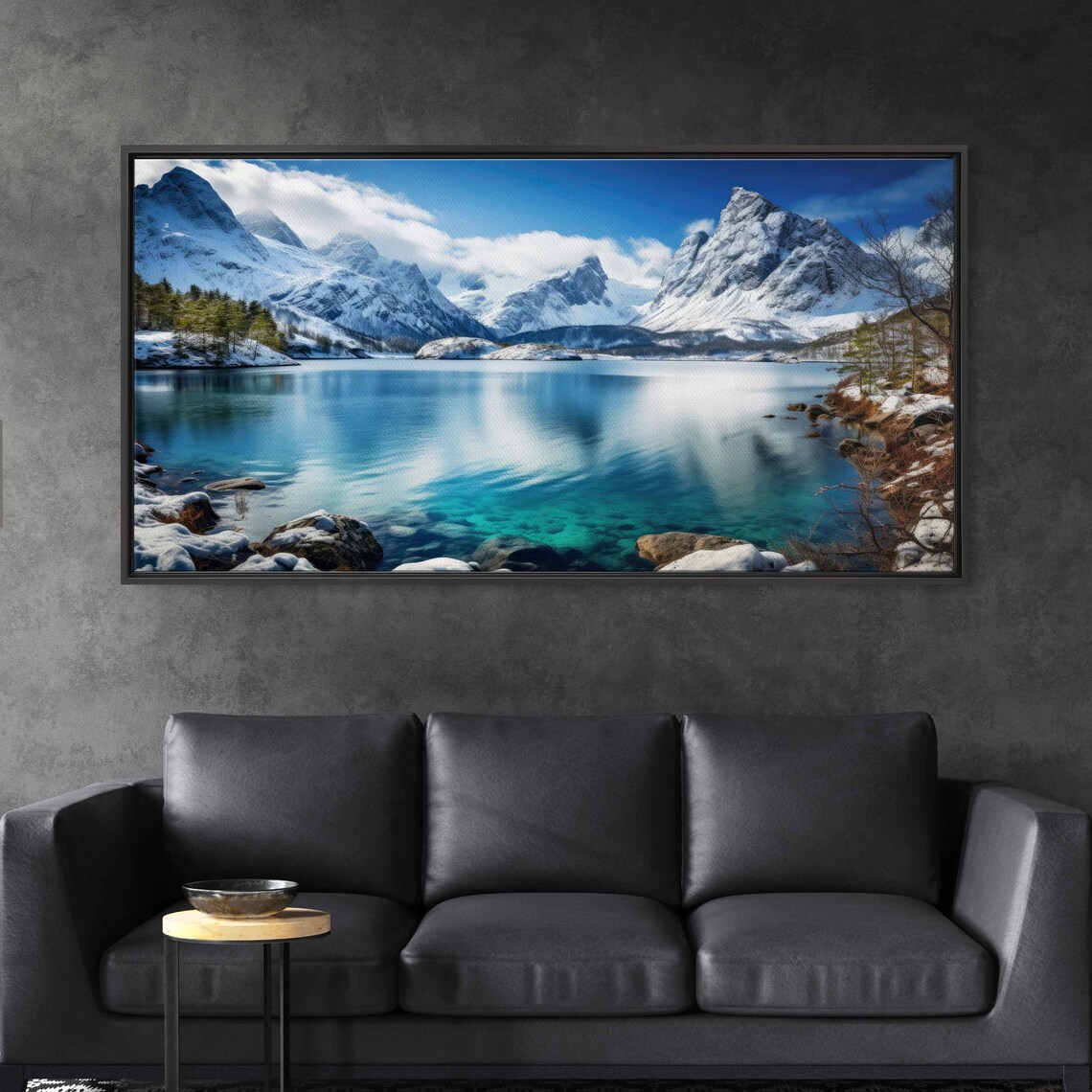 Serene Lakeside Vista Panoramic Wall Art Lake And Snowy Mountains Framed Print Ready To Hang - Image 2