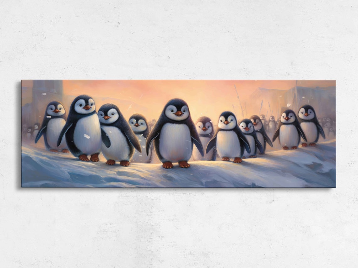 Cute Arctic Penguins Snowy Panoramic Landscape Painting Print On Ready To Hang Penguin Nursery Wall Art