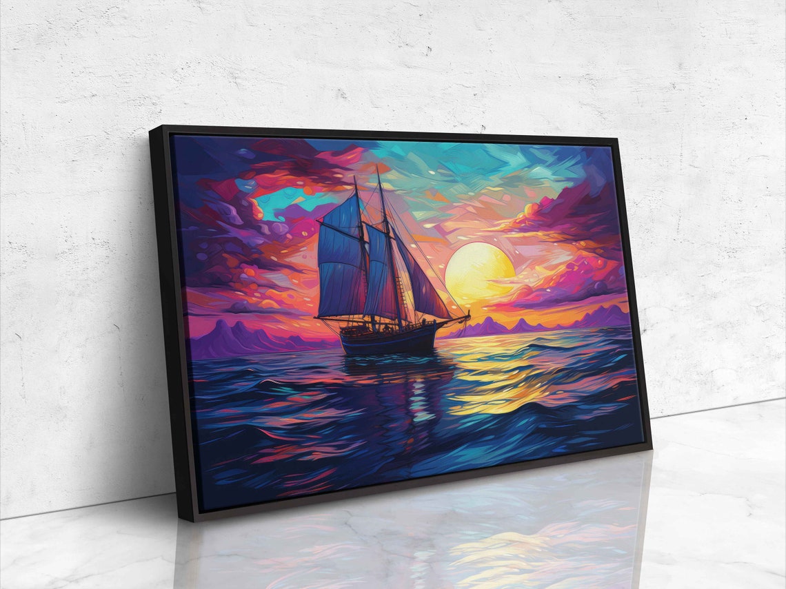 Sailboat At Sunset Vibrant Ocean Waves Colorful Sky Sailing Ship Print - Image 4
