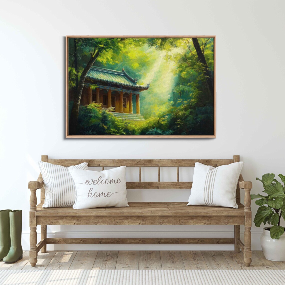 Buddhist Temple in Lush Green Forest Art Print