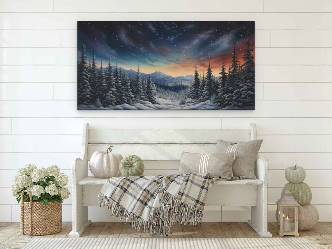Winter Night Panoramic Starry Sky Snowy Forest Mountain Glow Poster - Image 2