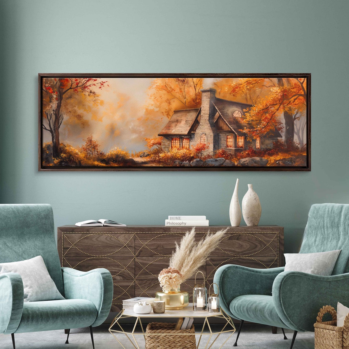 Stone Cottage With Lit Windows In Misty Autumn Forest Night Poster