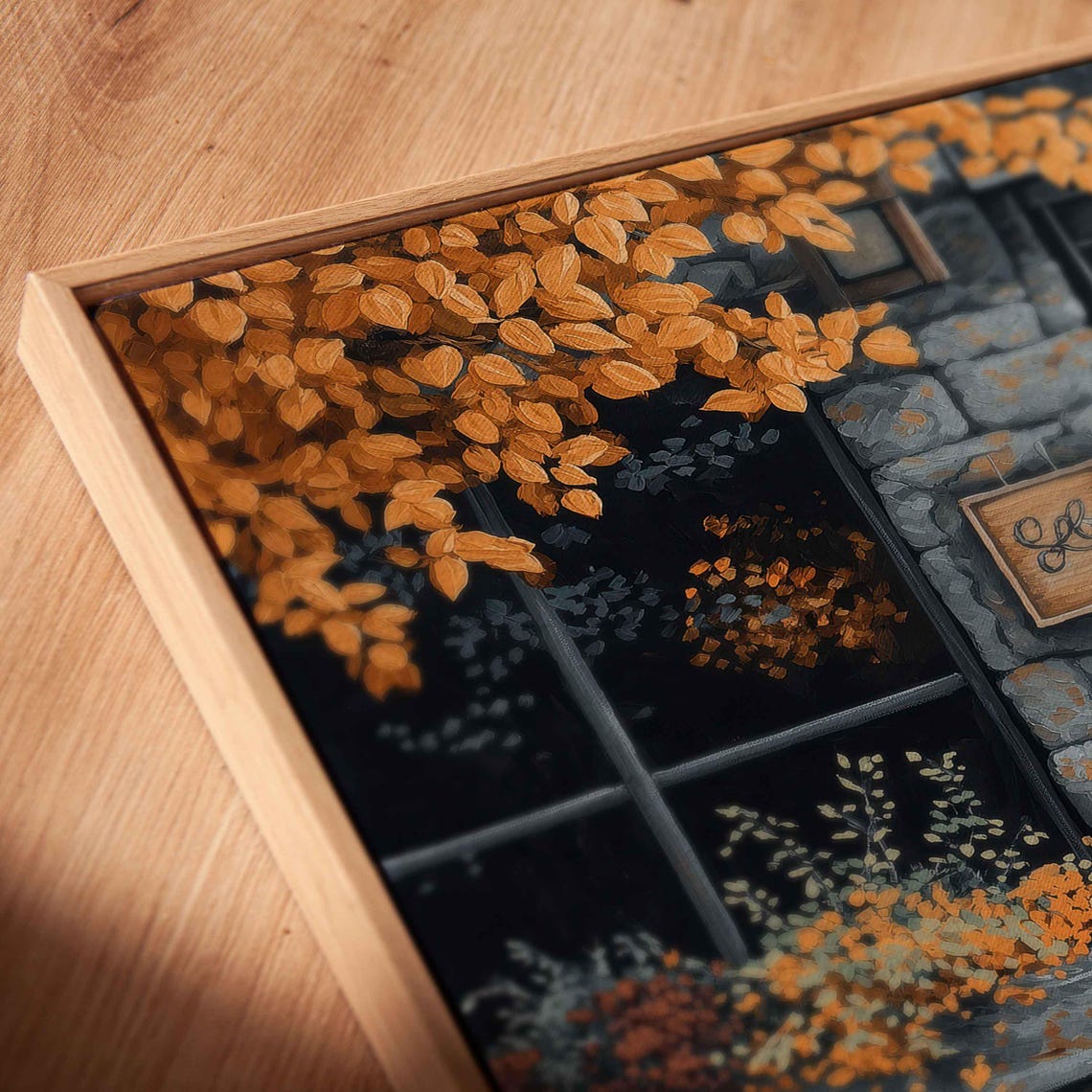 Stone Coffee Shop Night Window Glowing Pumpkins Autumn Leaves Poster - Image 2