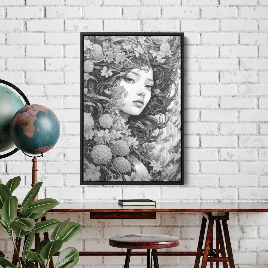 Monochrome Line Art Woman Portrait With Intricate Floral Hair Print