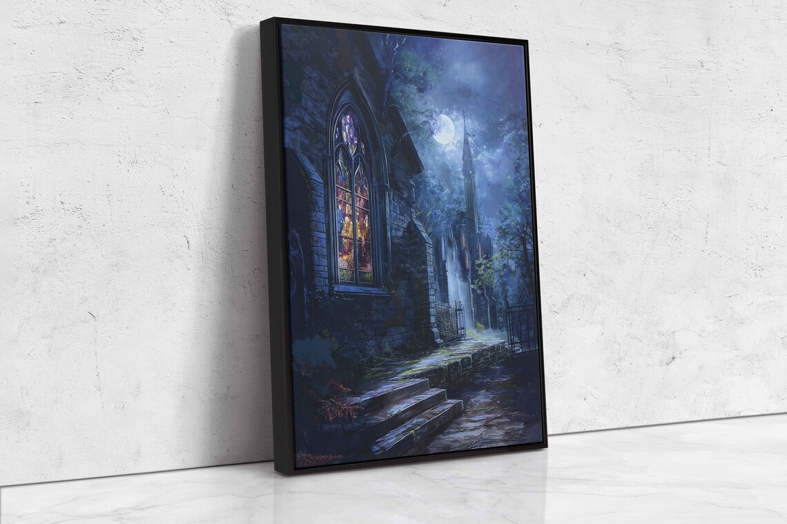 Eerie Old Church Moonlit Night Stained Glass Window Gothic Chapel Poster - Image 4