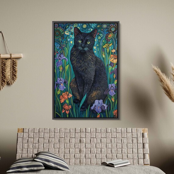 Black Cat Sitting Among Iris Blooms Swirling Night Garden Painting Poster