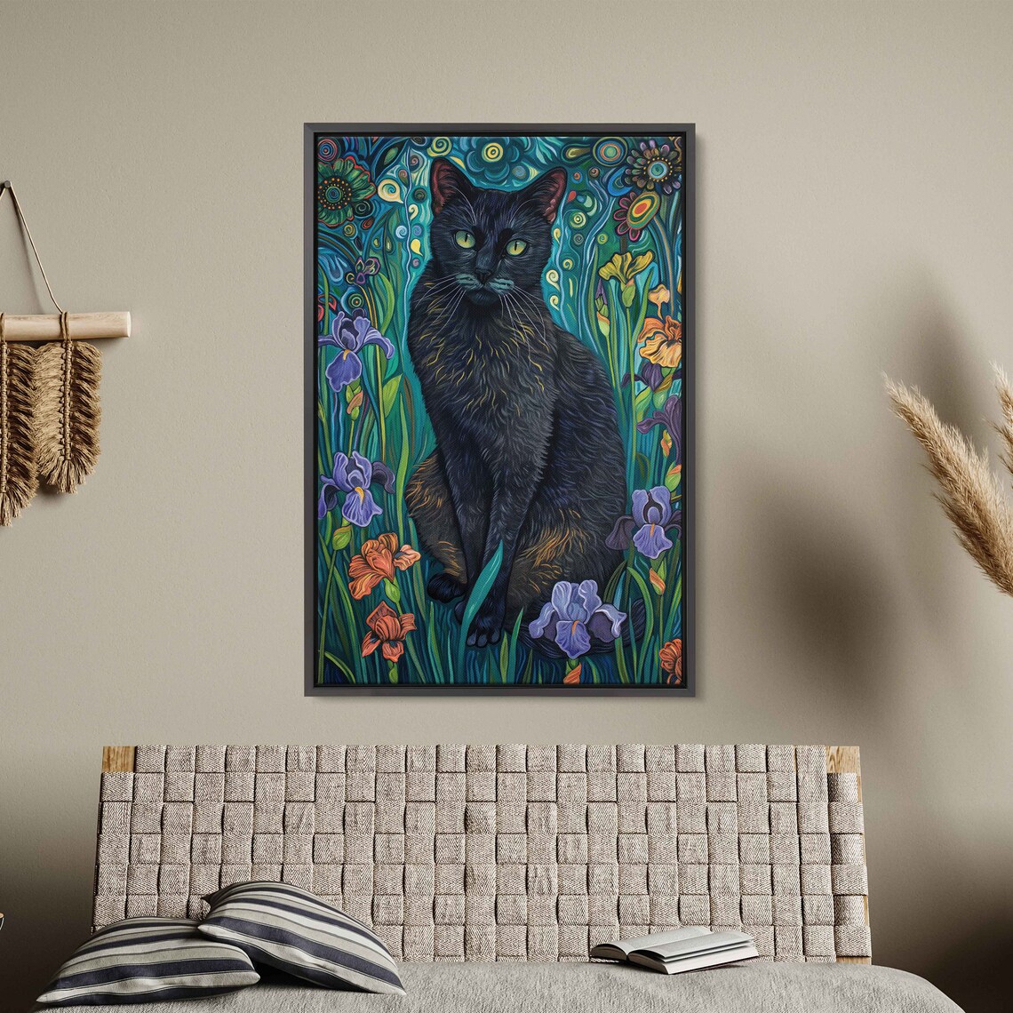 Black Cat Sitting Among Iris Blooms Swirling Night Garden Painting Poster