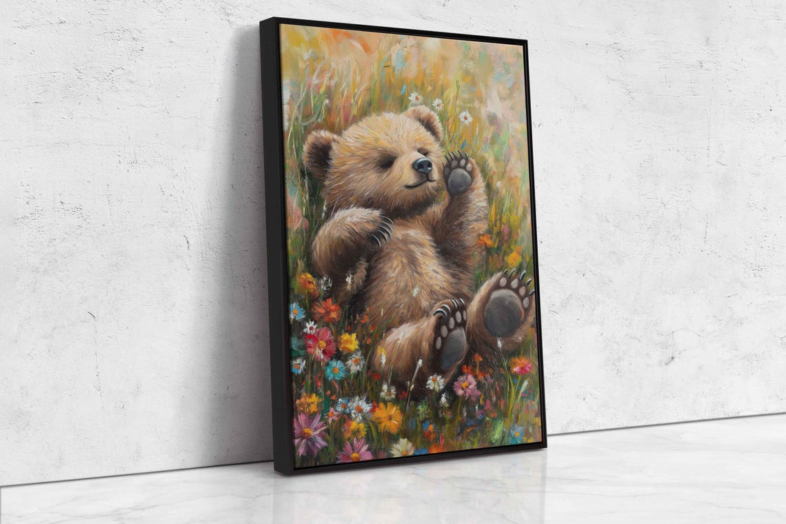 Playful Bear Cub Wildflowers Cheerful Baby Animal Nursery Art Poster - Image 4